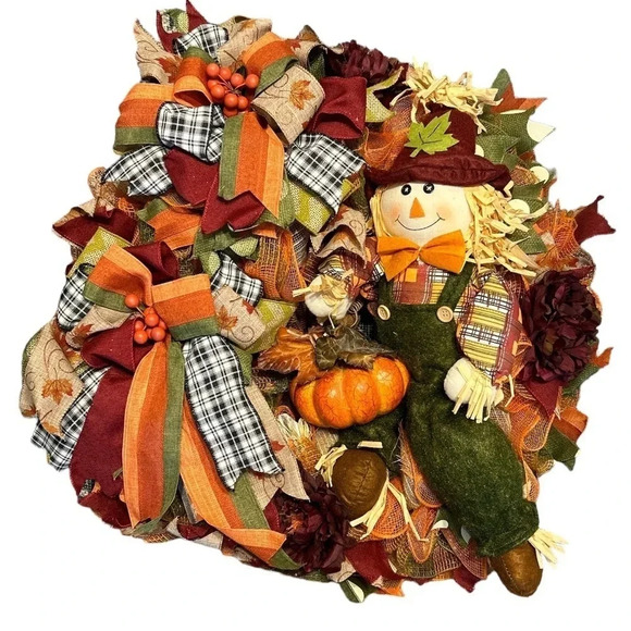 Handmade Autumn Wreath with Scarecrow and Pumpkins - Picture 1 of 5